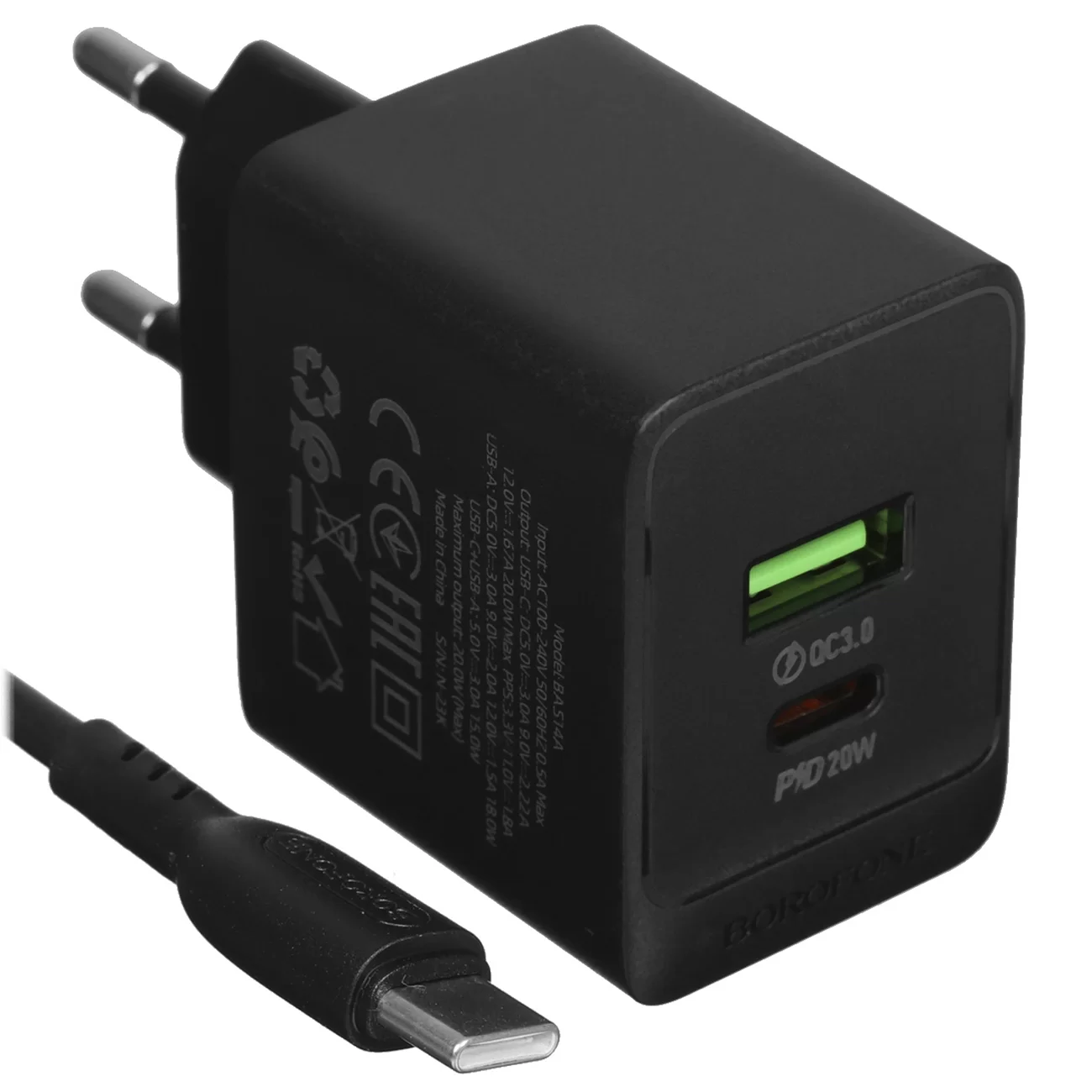 Сетевое зарядное устройство Borofone BAS14A, 20 Вт, 1×USB-C + 1×USB-A, чёрное