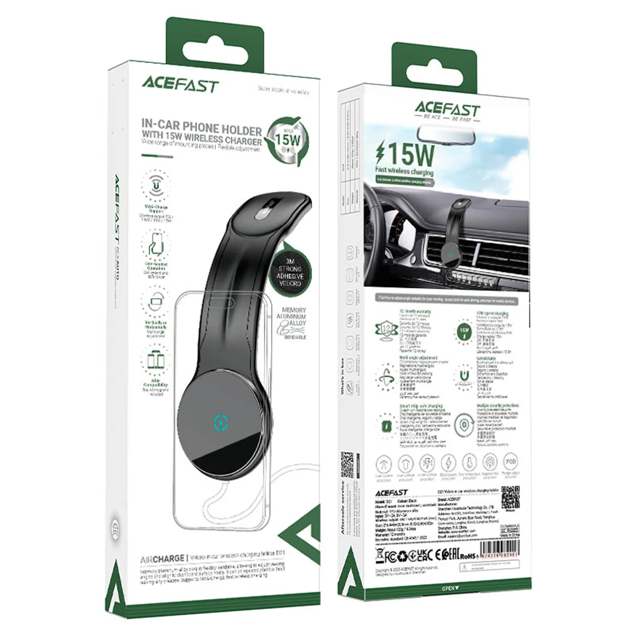 Держатель AceFast с беспроводной зарядкой 15 Вт для автомобиля с креплением на липучке D21 Держатель AceFast с беспроводной зарядкой 15 Вт для автомобиля с креплением на липучке D21