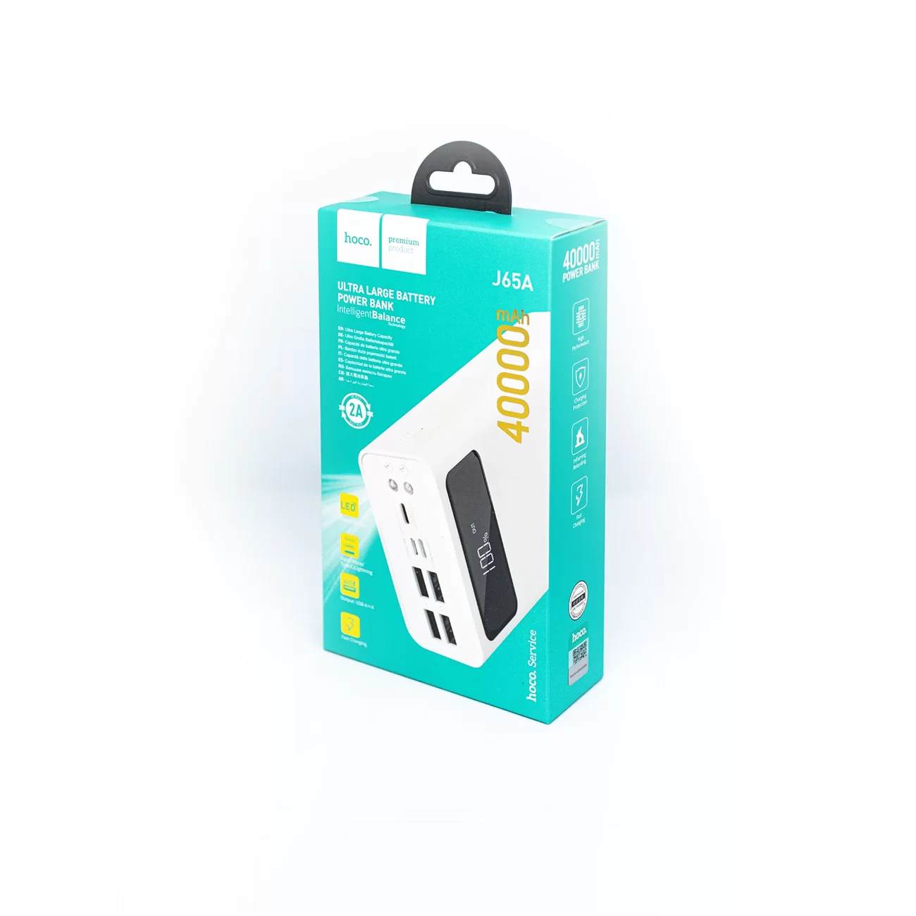 Портативный аккумулятор Hoco J65A, 40000 мА·ч, 4×USB-A, LED-дисплей, фонарик, белый