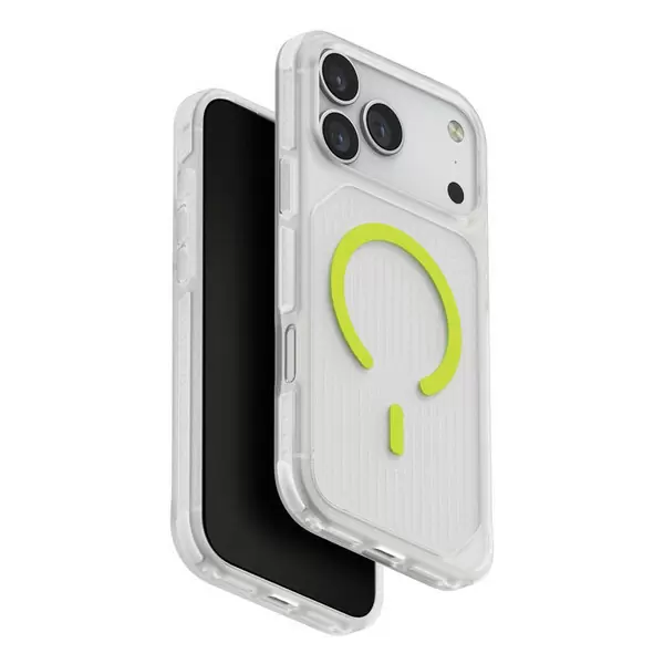 Чехол Uniq Combat Active для Apple iPhone 17 Pro, Frost Clear/Lume-Lime (матовый прозрачный/лаймовый), MagSafe