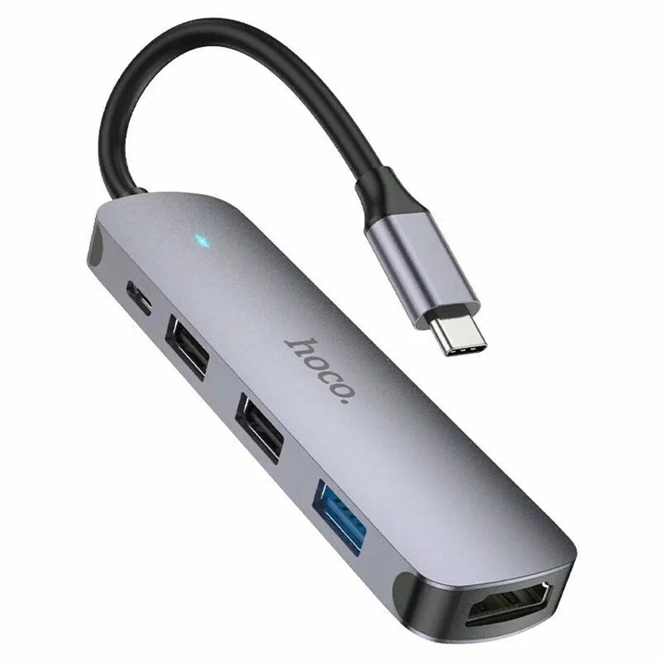 Переходник Hoco HB27, 5-в-1, Type-C на USB-C + 2×USB 2.0 + USB 3.0 + HDMI, 13 см, чёрный