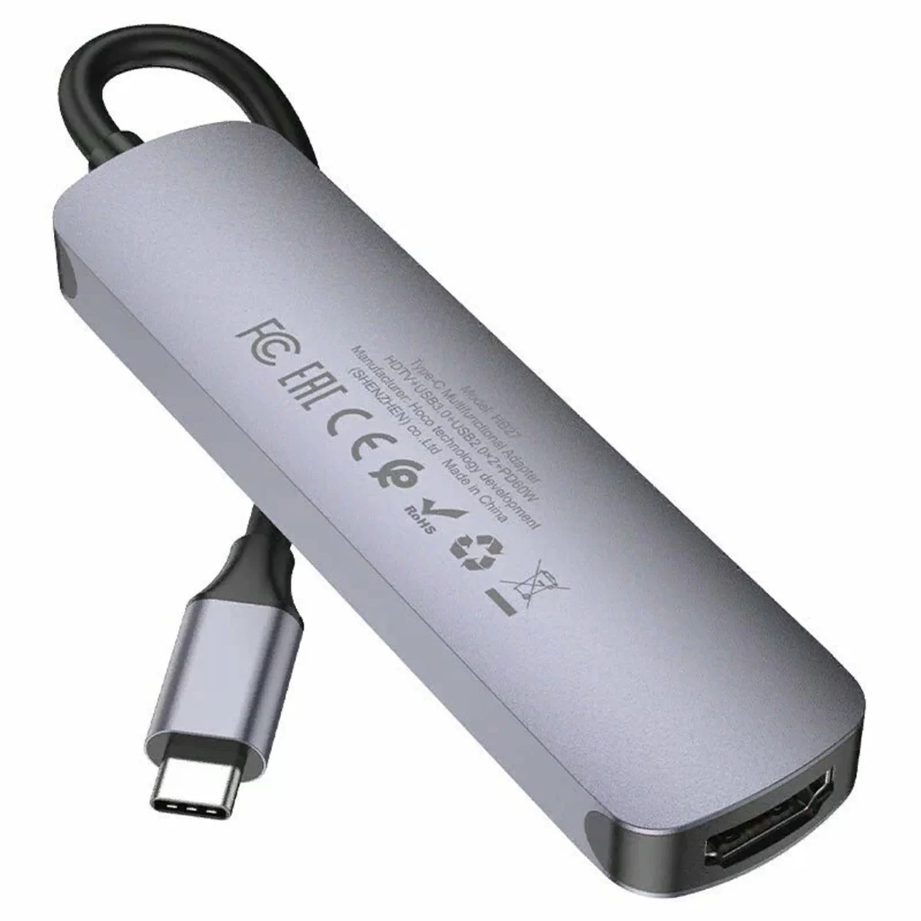 Переходник Hoco HB27, 5-в-1, Type-C на USB-C + 2×USB 2.0 + USB 3.0 + HDMI, 13 см, чёрный