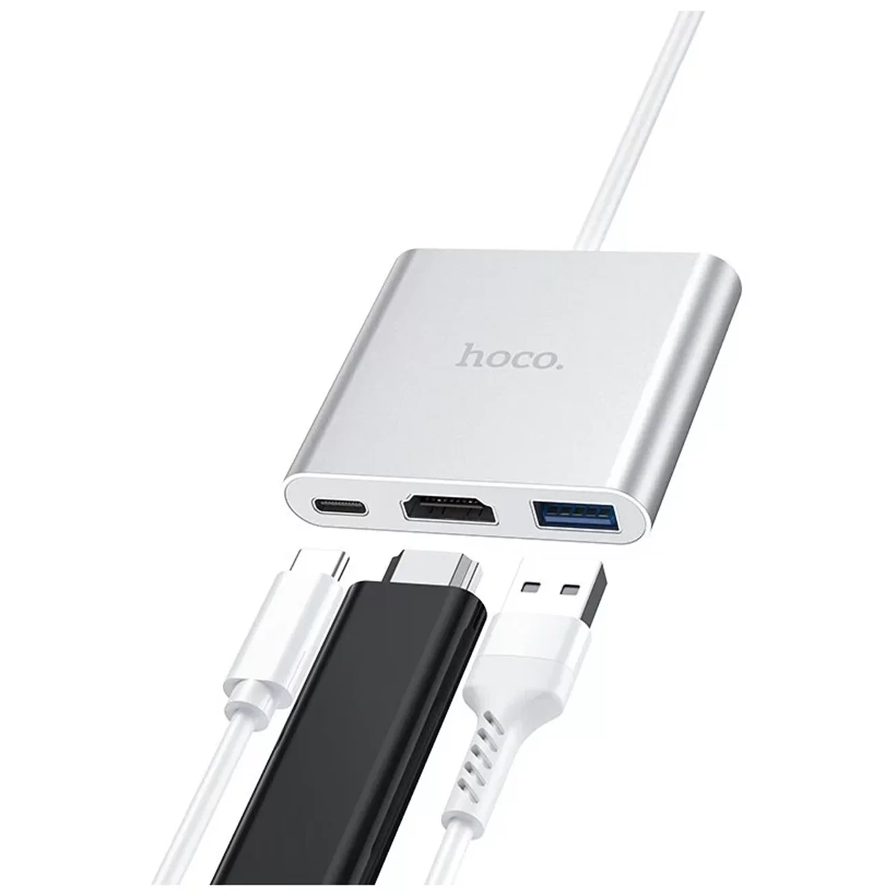 Переходник Hoco HB14 Easy use, USB-C на USB 3.0 + HDMI + PD, 0,15 м, серебристый