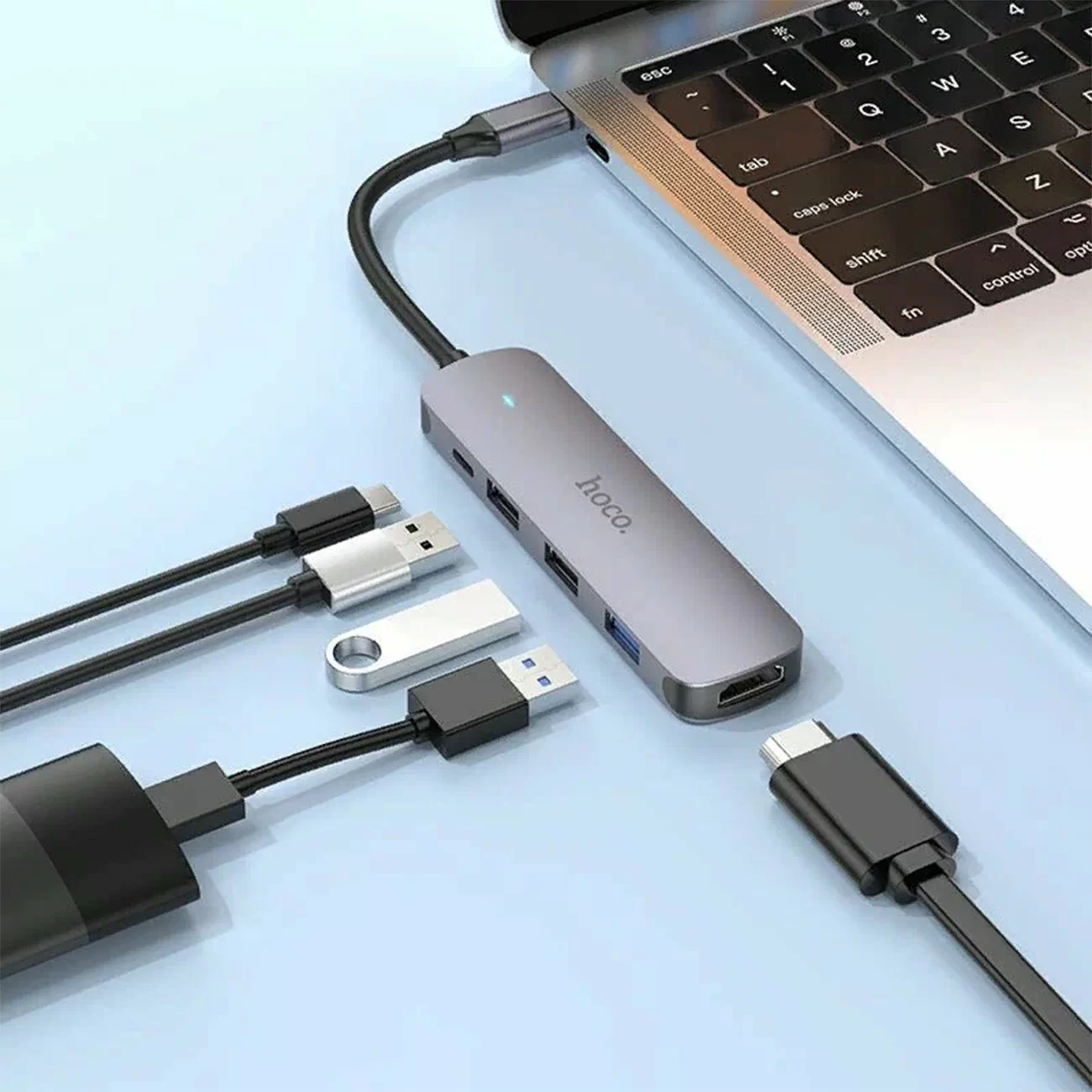 Переходник Hoco HB27, 5-в-1, Type-C на USB-C + 2×USB 2.0 + USB 3.0 + HDMI, 13 см, чёрный